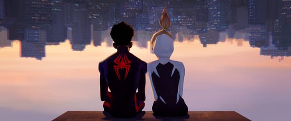 Miles Morales and Gwen Stacy sitting side by side
