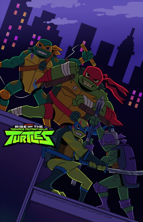 Mikey, Raph, Donnie, and Leo posing on a New York City Rooftop
