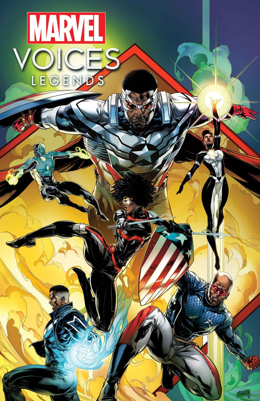 Marvel super hero Captain America, Spectrum, Patriot, Blue Marvel, Misty Knight, and Deathlok